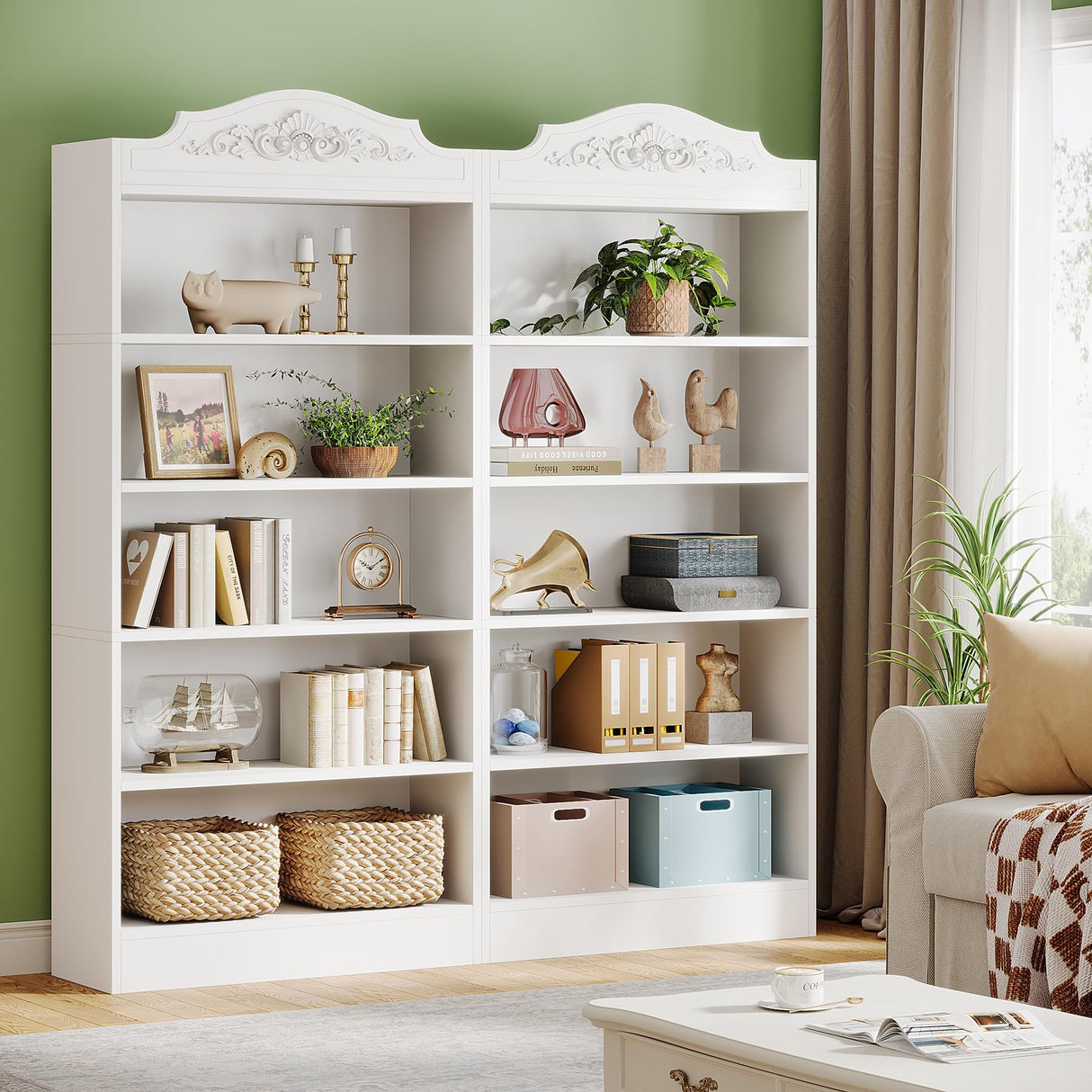 Tribesigns Set of 2 73 Inch Tall 5 Tier White Bookshelves, Modern 5-Shelf White Library Bookcase with Shelves, Freestanding Etagere Shelving Unit for Living Room/Home (2) Tribesigns