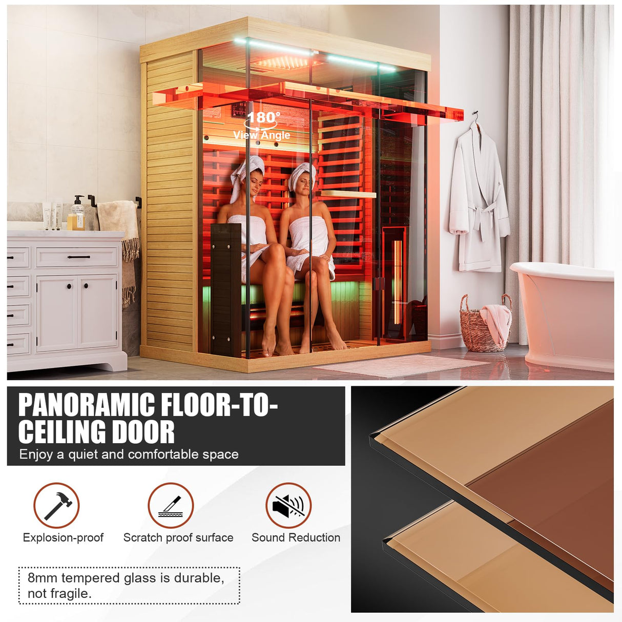 MEISSALIVVE Full Spectrum Infrared Sauna，2-3 Person Home Sauna，Wooden Canadian Hemlock Indoor Spa Sauna with Resonance Speaker, Panoramic Tempered Glass Door MEISSALIVVE