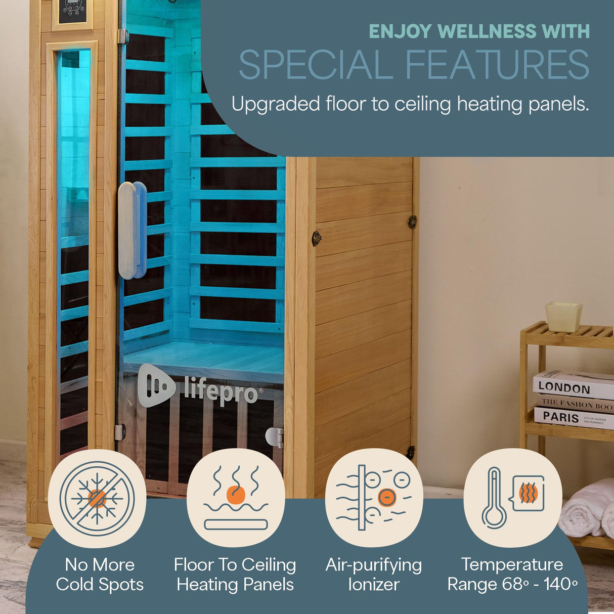 LifePro 1 Person Far Infrared Sauna for Home - Home Sauna, Tempered Glass Door, Oxygen Ionizer, & 7 Chromotherapy Lights for Indoor Sauna - Canadian Hemlock Wood Dry Sauna with Bluetooth Sound System LifePro