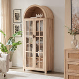71" Tall Arched Kitchen Pantry Storage Cabinet with Glass Doors, 5 Tier Modern Bookshelf with 2 Drawers, Wooden Storage Cabinet with Doors and Shelves for Living & Dining Room, Bathroom, Laundry Room Okvnbjk