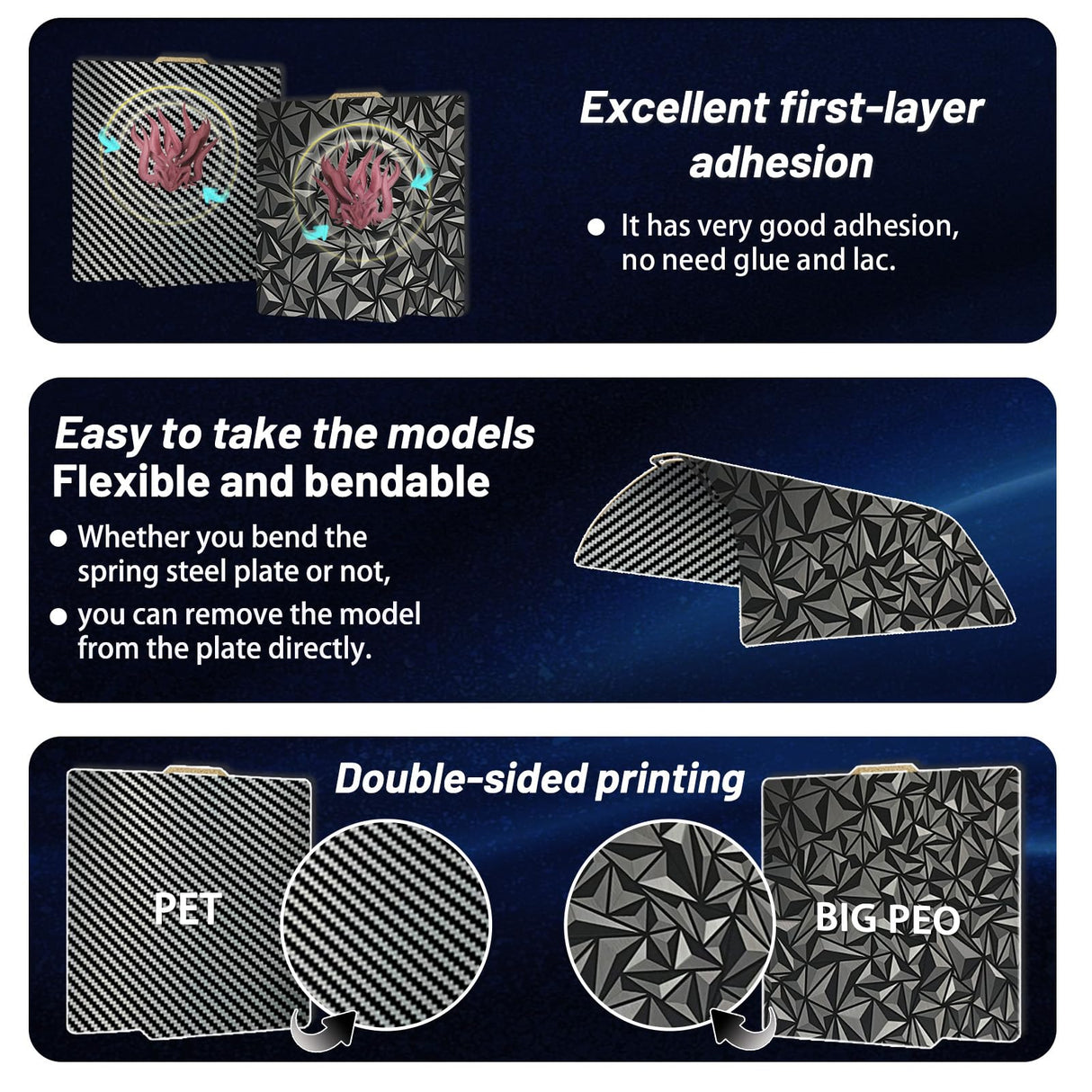 JUUPINE 3D Printer PEO PET Build Plate for Bambu Lab X1/X1C/X1E/P1P/P1S/A1 3D Printer,Diamond PEO+Carbon Fiber PET Surface 257x257mm Spring Steel Plate,Double Sided Flexible Sheet Removable Platform. Wefuit