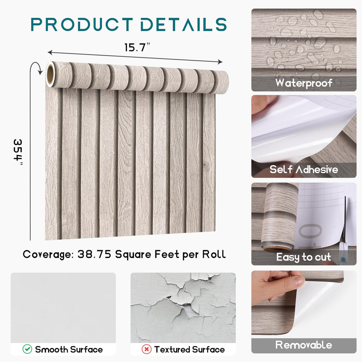 VEELIKE Grey Wooden Slats Peel and Stick Wallpaper Wood Contact Paper for Walls Kitchen Cabinets 15.7''x354'' Waterproof Self Adhesive Slats Wood Panel Vinyl Wallpaper for Bedroom Wall Décor Farmhouse VEELIKE