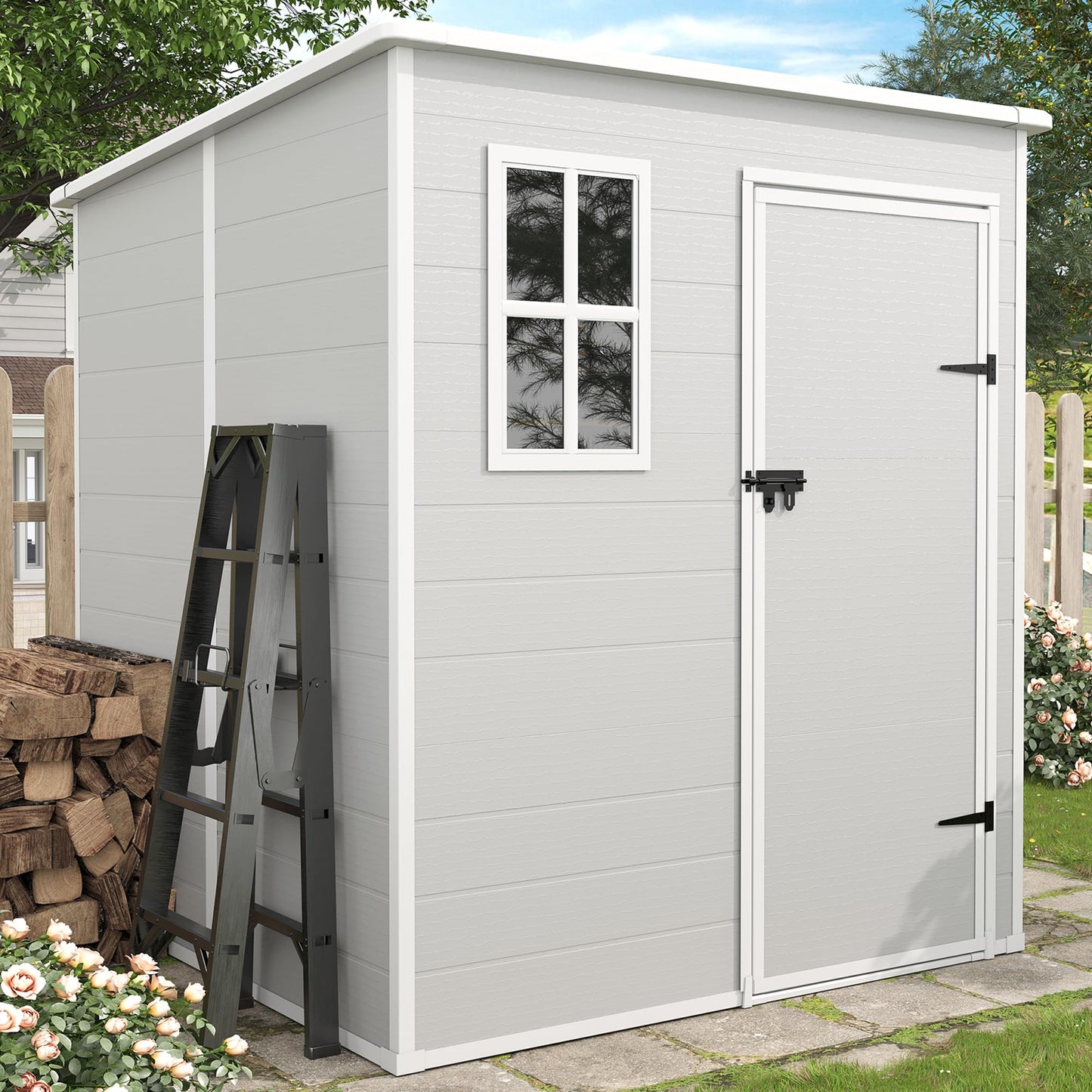 VONZOY Outdoor Storage Shed, 6x6 FT Resin Shed with Floor and Lockable Door, Window & Vents, Tool Sheds & Outdoor Storage for Bike, Garden Accessories, Tools, Waterproof (Grey & White) - WoodArtSupply