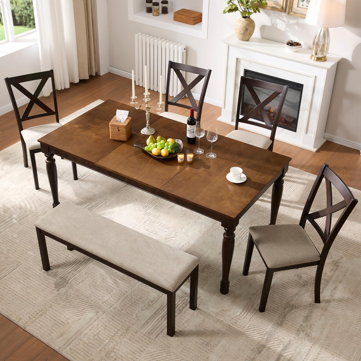 AMERLIFE 6 Piece Farmhouse Dining Table Set, 71'' Solid Wood Table with Upholstered Chairs & Bench, Seating for 6, for Kitchen or Dining Room, Brown & Black AMERLIFE