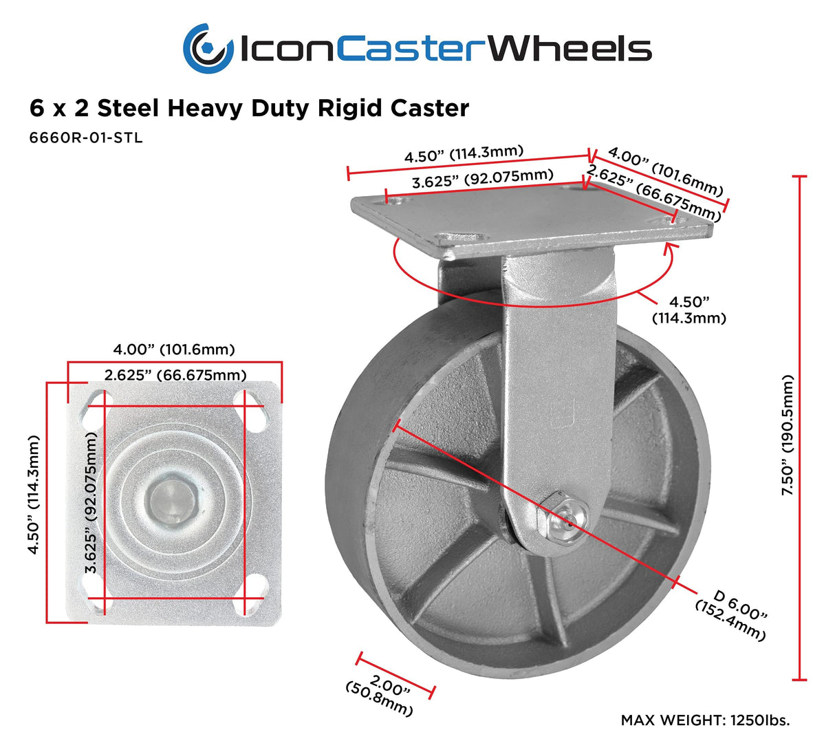 IconCasterWheels 6" x 2" Steel Heavy Duty Caster, Set of 4 Industrial Casters | 2 Swivel Top Lock Brake Caster & 2 Rigid Top Plate Caster | Top Plate 4 x 4.5, Load Capacity 4,800 lbs per Set (4-Pack) ICONCASTERWHEELS