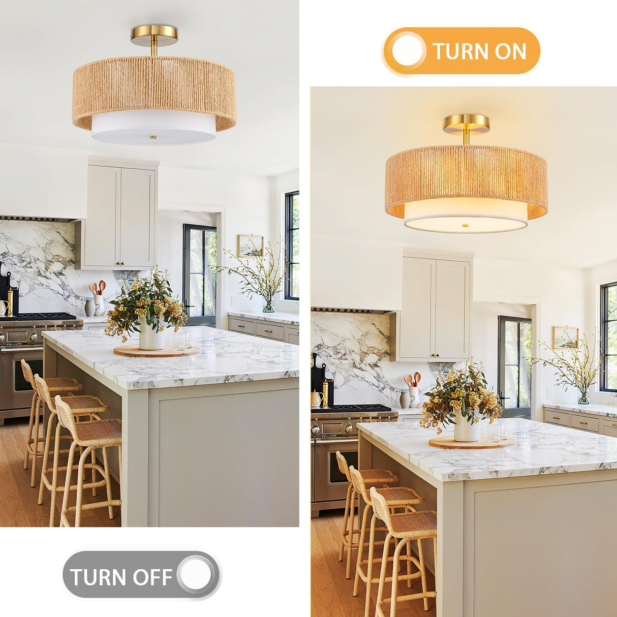 SineRise 16'' Rattan Flush Mount Ceiling Light Fixture,2-Tier Drum Hand-Woven Boho Flush Mount Ceiling Light,Farmhouse Light Fixture for Living Room,Kitchen,Bedroom Foyer Entryway ect. SineRise