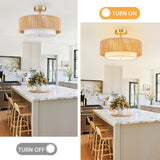 SineRise 16'' Rattan Flush Mount Ceiling Light Fixture,2-Tier Drum Hand-Woven Boho Flush Mount Ceiling Light,Farmhouse Light Fixture for Living Room,Kitchen,Bedroom Foyer Entryway ect. SineRise