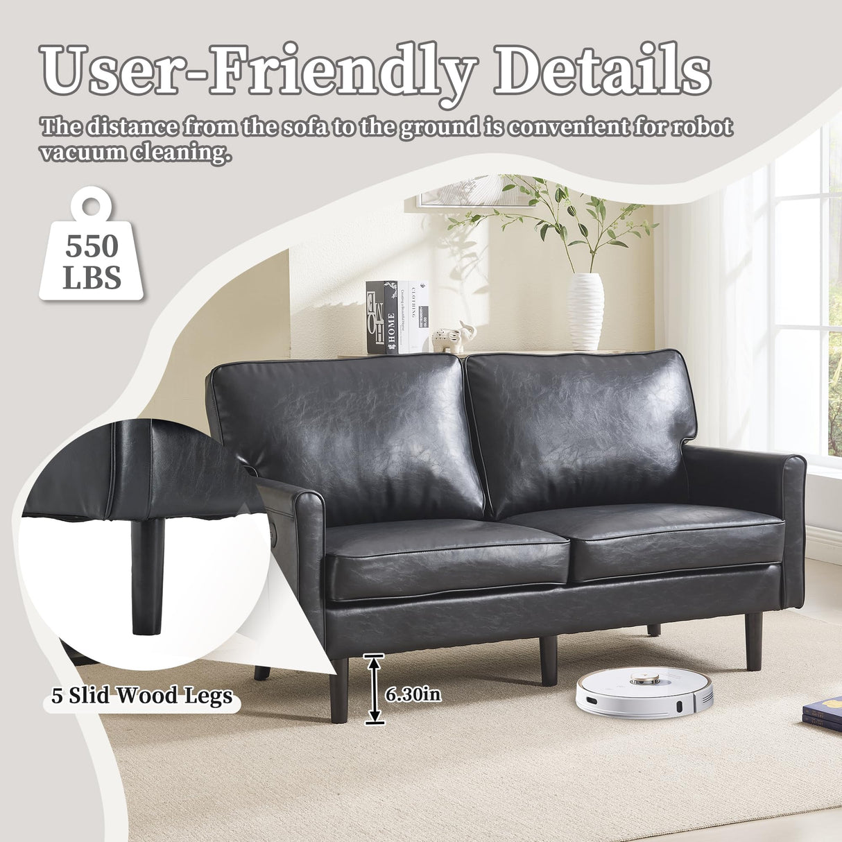 56.3" Loveseat Sofa, Mid Century Modern Love Seat with USB & Type C, 2 Seater Couch Comfy Cushion Lounge Sofa with Side Pockets, Small Couches for Living Room, Bedroom, Office(Black, PU Leather) SLEERWAY