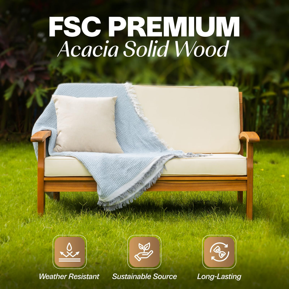 IDZO Laurent 800lbs Capacity Acacia Outdoor Loveseat, FSC Certified 2 Seater Patio Sofa with 3.9in Thick Cushions, Teak Finish Porch Couch for Garden Backyard IDZO