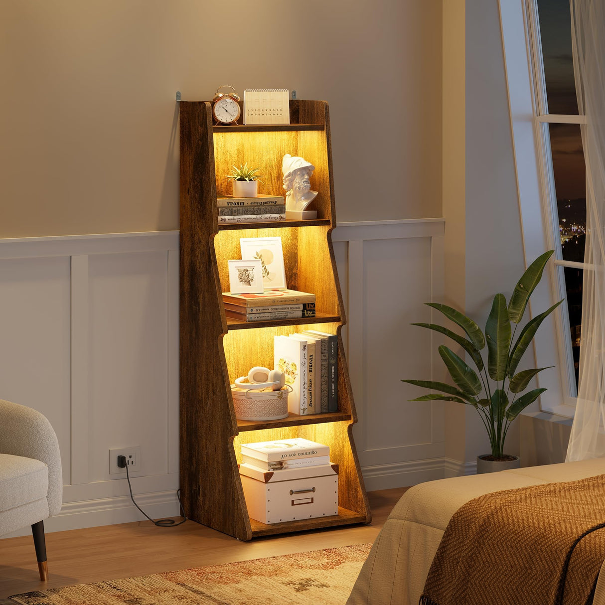 Hoctieon 5-Tier Open Bookcase and Bookshelf with LED Light, Floor Standing Display Storage Shelves, Wood Modern Display Organizer for Home Office, Living Room, Bedroom, Study, Rustic Brown Hoctieon