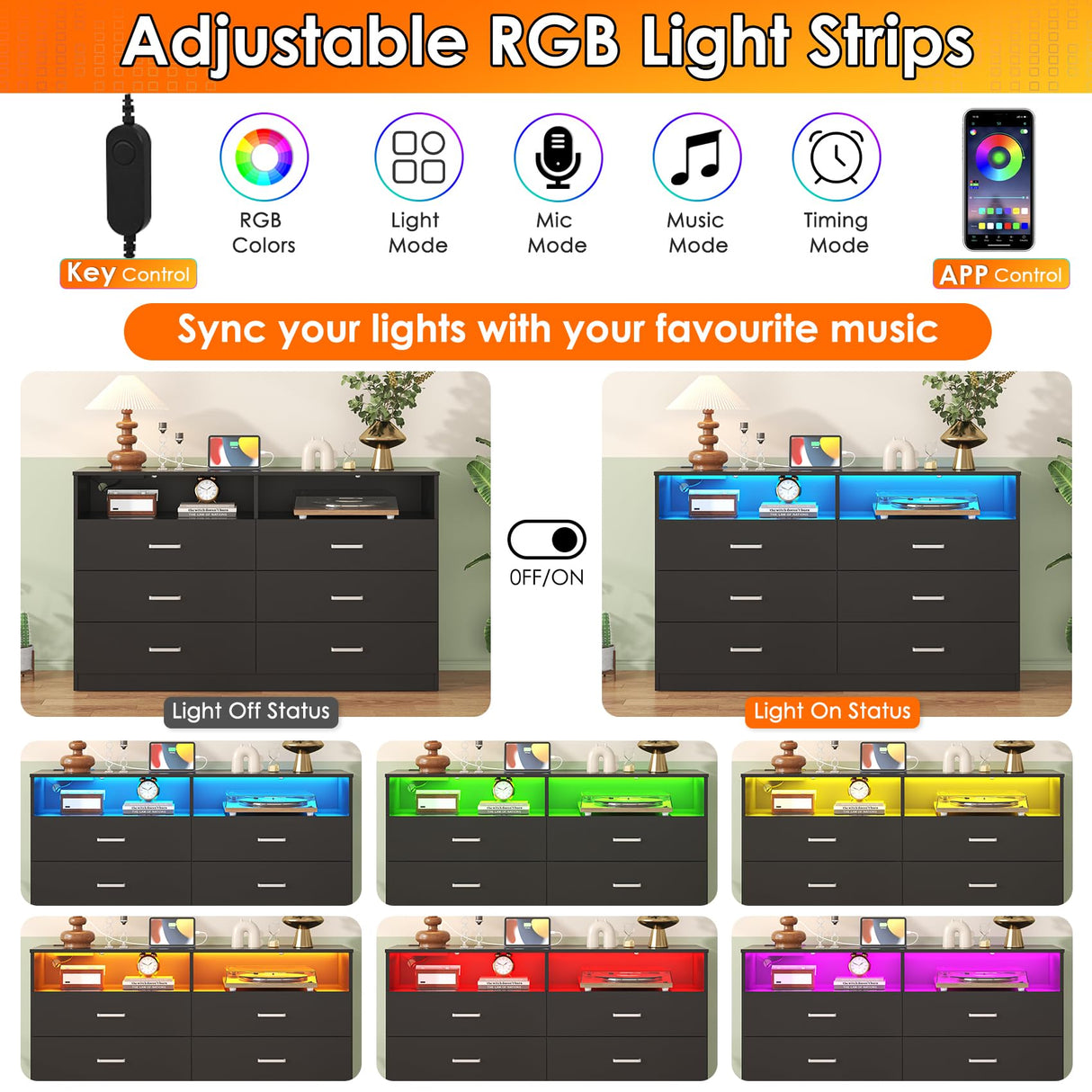 Bigbiglife Dresser for Bedroom, 6 Drawer Dresser with Charging Station and Led Light, Modern Chest of Drawers for Bedroom, Living Room,Black Bigbiglife