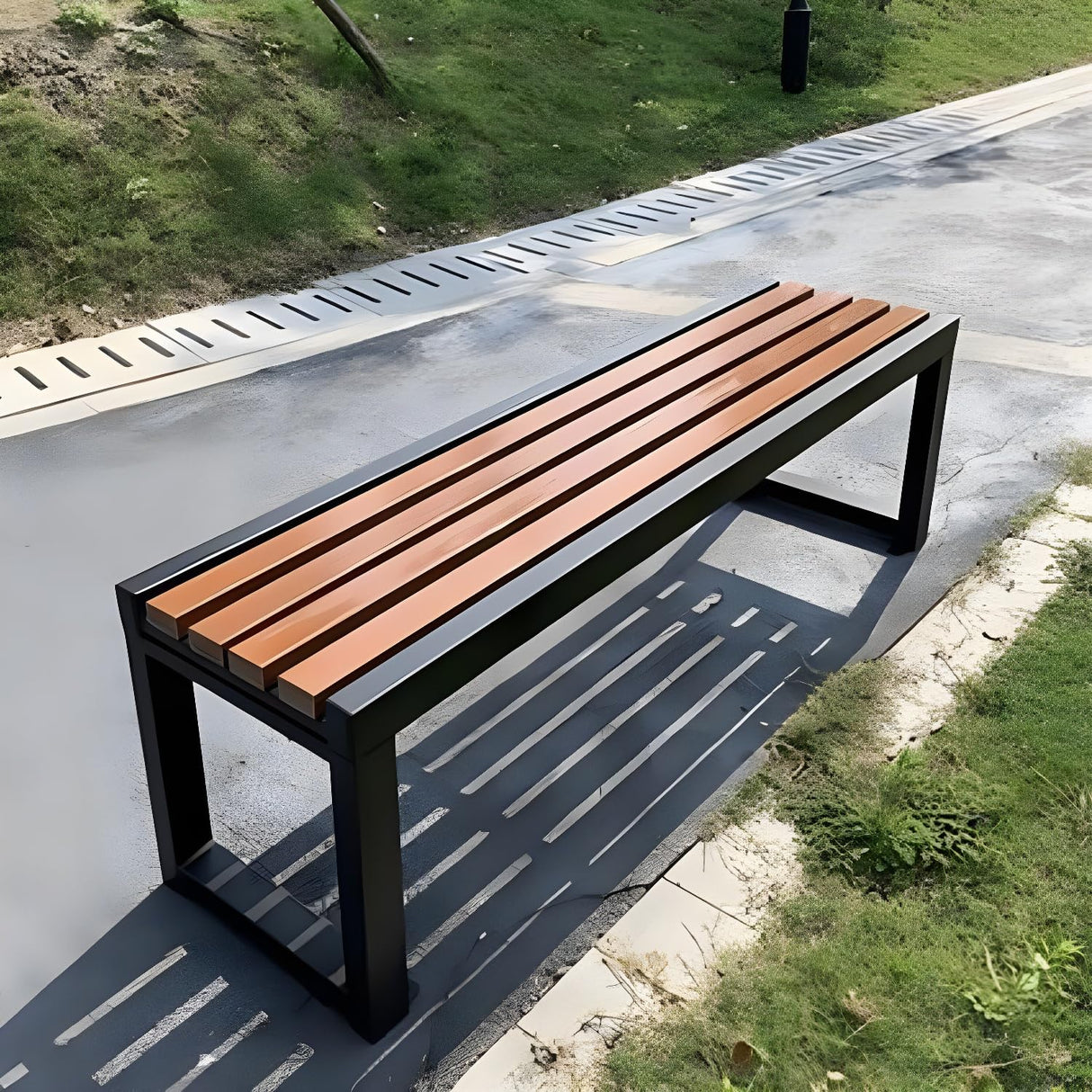 LITFAD Mid-Century Metal Park Bench in Black with Waterproof Wood Seating Gym Rest Bench Patio Bench for Outdoor Use - 47" L x 16" W x 18" H LITFAD