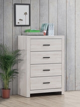 Coaster Home Furnishings Brantford Farmhouse Wood 4-Drawer Bedroom Chest of Drawers Chiffonier Clothing Storage Cabinet Bedroom Armoire Tall Dresser Organizer Unit Coastal White 207055 Coaster Fine Furniture
