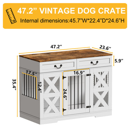 WJFORLION Large Dog Crate Furniture - Dog Kennel with Drawers Storage and Locks, 2-in-1 Crates for Dogs Indoor, Heavy Duty Dog Crate for One Large or 2 Small Dogs