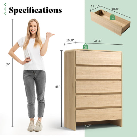 AMERLIFE 5 Drawer Dresser for Bedroom, 48" Tall Modern Chest of Storage Drawers with Rounded Corners, Anti-Tip Kit, Wood Cabinet Organizer for Closet, Living Room, Nursery, Easy Assembly, Light Oak AMERLIFE