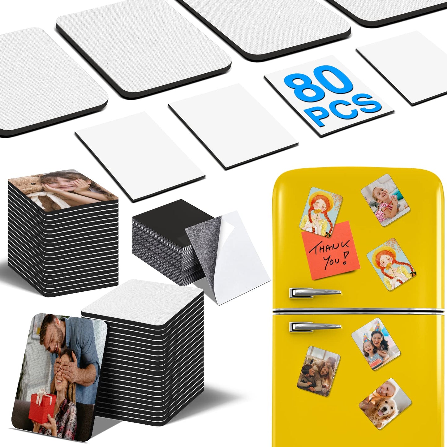 80Pcs Sublimation Magnet Blanks Set,Personalized Sublimation Refrigerator Magnet for Home Kitchen Microwave Oven Decor or Office Calendar with 40PCS Blank Rubber Pad(6x8cm),40PCS DIY Soft Magnetic