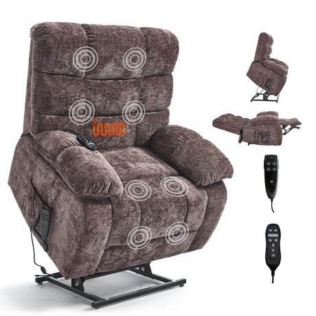 RHHVVR Oversized Power Lift Recliner Chair for Elderly, Dual Motor Lay Flat Recliner Big Chair with Massage and Heating, Chenille Electric Recliner Chairs for Living Room, Medium-Firm, Brown RHHVVR