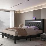 Benevika LED Upholstered Queen Size Bed Frame with Adjustable Headboard and USB Charging Station Benevika