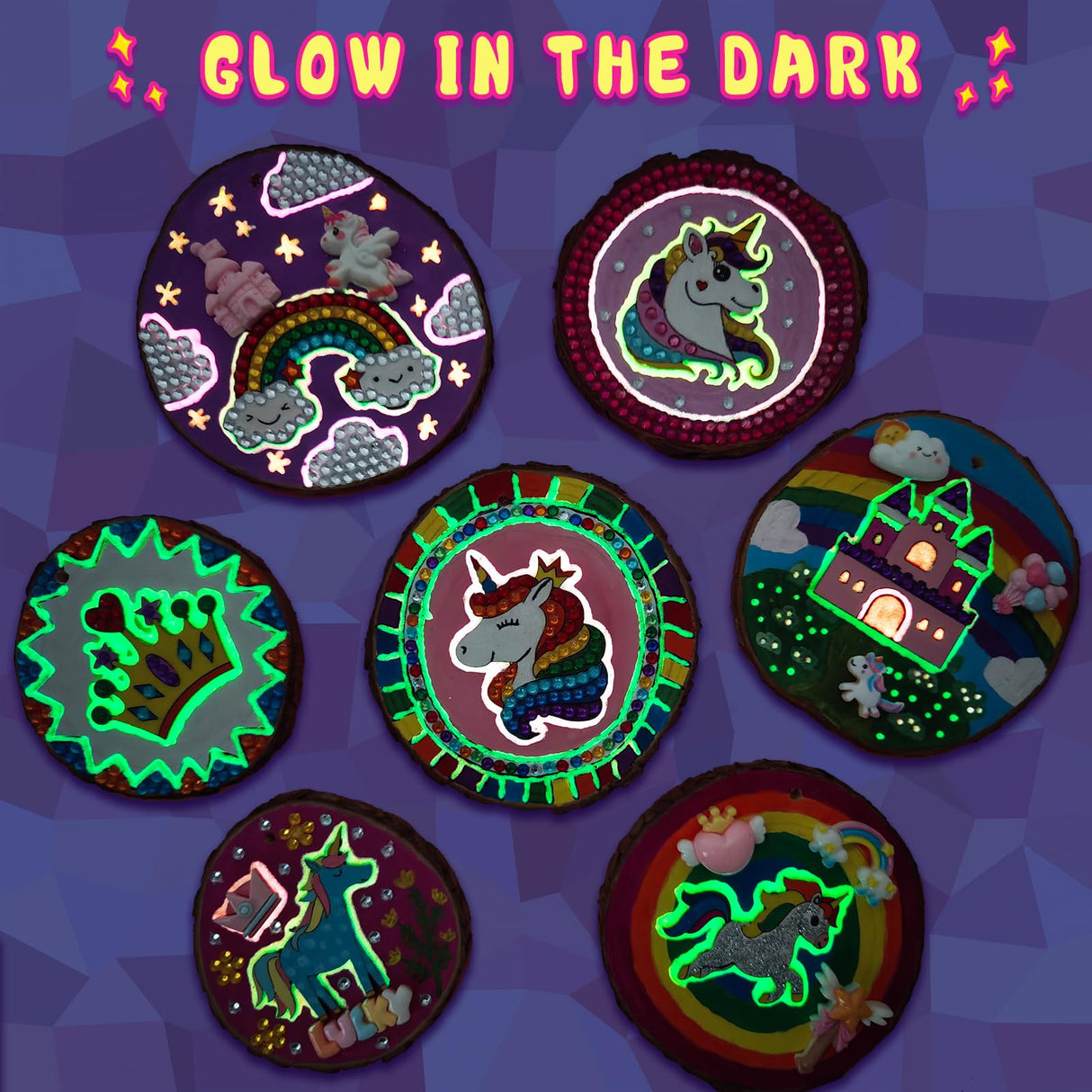 klmars Unicorn Themed Wooden Painting Kit-Glow in The Dark-Arts & Crafts Gifts for Kids Girls Ages 5-12-Wood Slice Craft Activities Kits -Unicorn Art Toys for Kids Christmas Gifts klmars