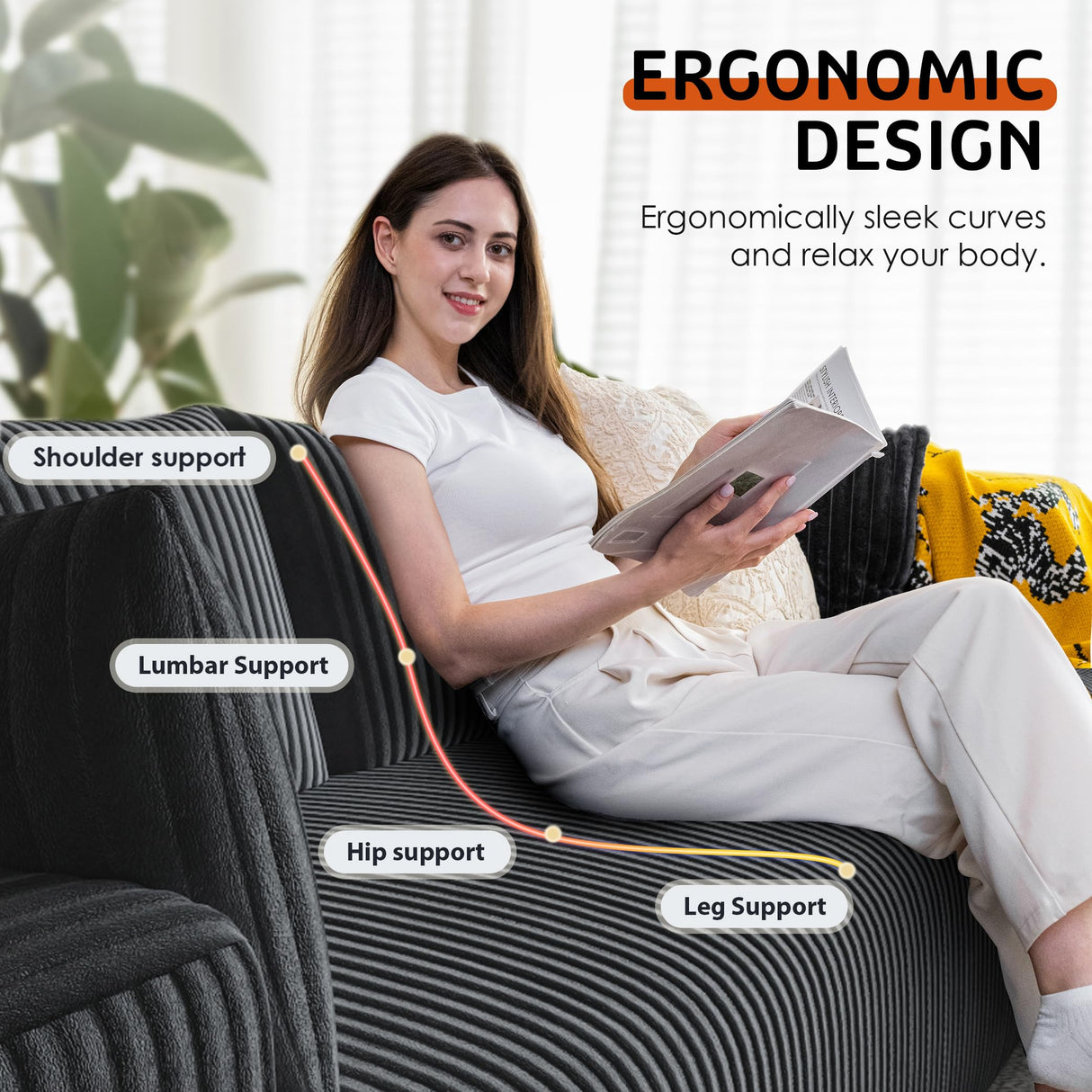 Domiqut 108”Modern Modular L-Shape Couch with Chaise, Modular Sectional Couches for Living Room, Deep Seat Boneless Sofa Bed, No Assembly Required Sleeper Sofa, Plush Corduroy Fabric, Dark Gray Domiqut