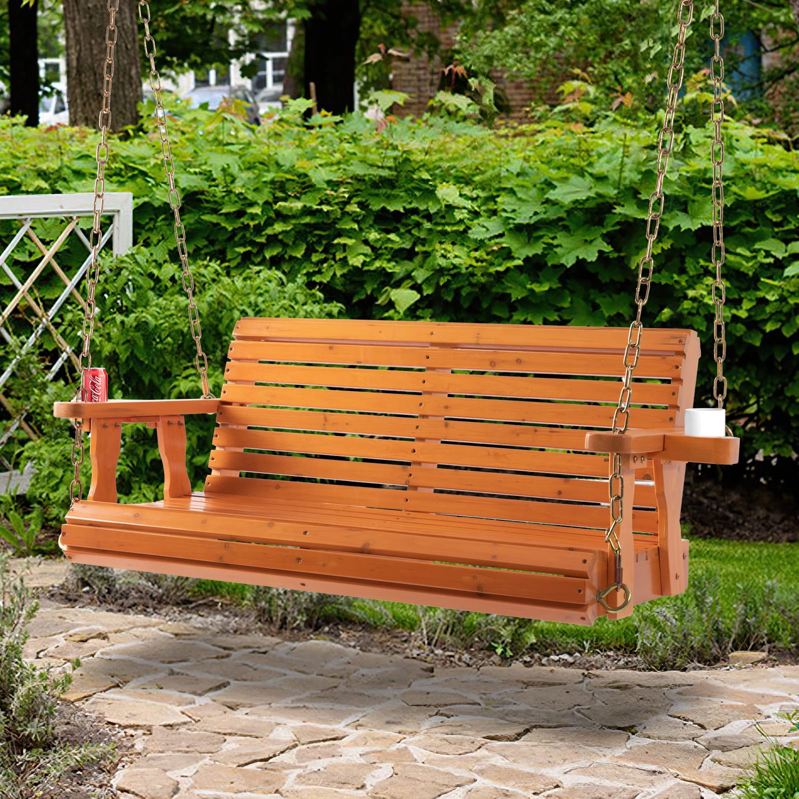 Porch Wooden Swings with Chain - Outdoor Finished Hanging Bench Swing Chair Furniture 2 Seater, Natural for Garden, Courtyard, Patio - WoodArtSupply