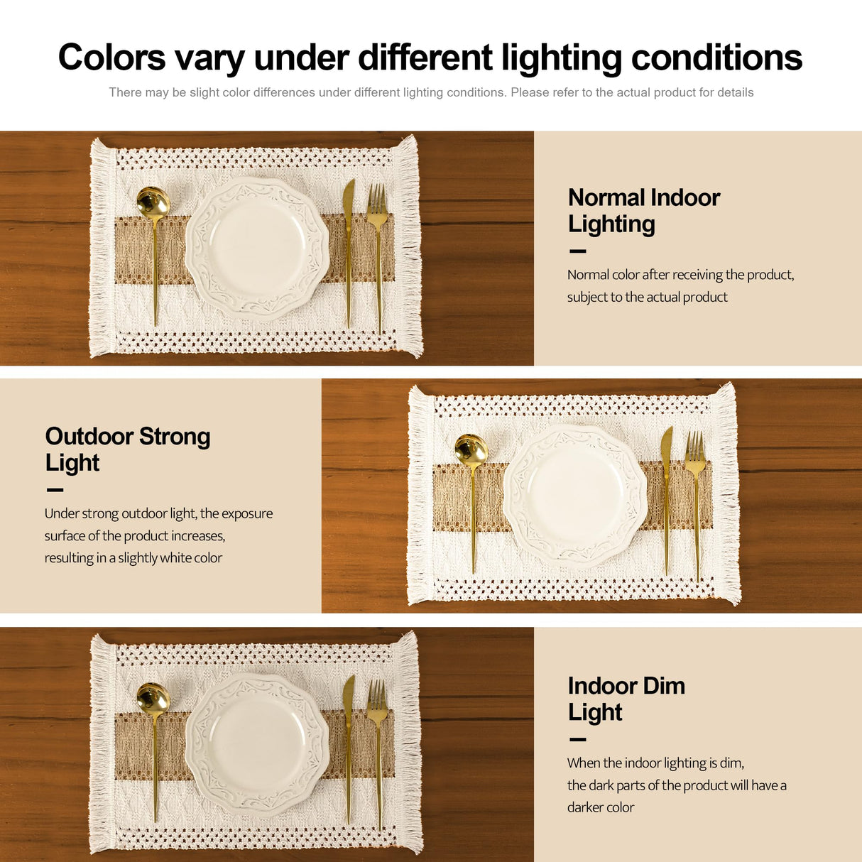 FEXIA Boho Placemats Set of 6, Macrame Table Decor Farmhouse Style Placemats in Natural Cotton Burlap, for Kitchen and Dining Table Centerpiece Home Decorations（Beige & Brown） FEXIA