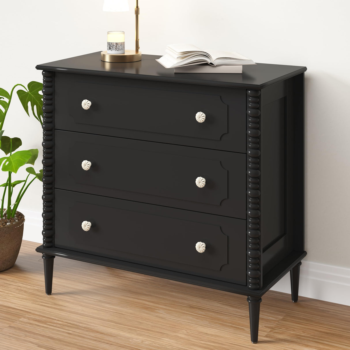 ZOSQUARE 3 Drawer Dresser, 32 inch Wide Dresser for Bedroom, Modern Wood Chest of Drawers, Turned Legs Nightstand with 3 Drawers for Dorms, Hallway, Entryway (Black) ZOSQUARE