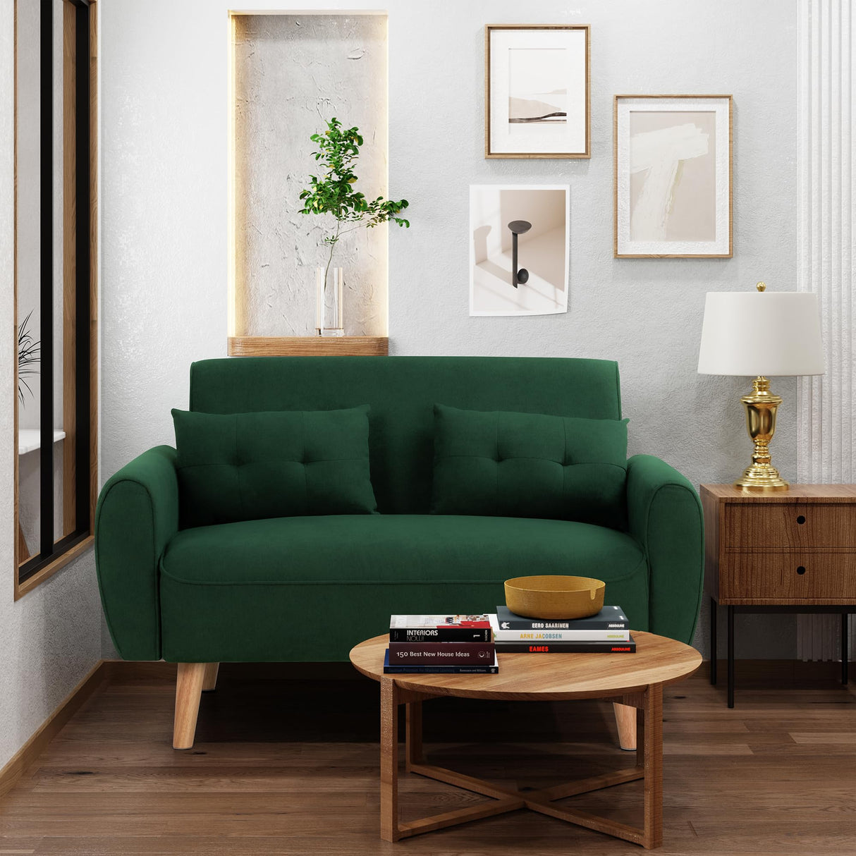 Shintenchi Small Modern Loveseat Couch Sofa, Mid Century Fabric Upholstered 2-Seat Sofa Couch Love Seats Furniture for Small Space,Living Room,Studio,Apartment with 2 Pillows,Green Shintenchi