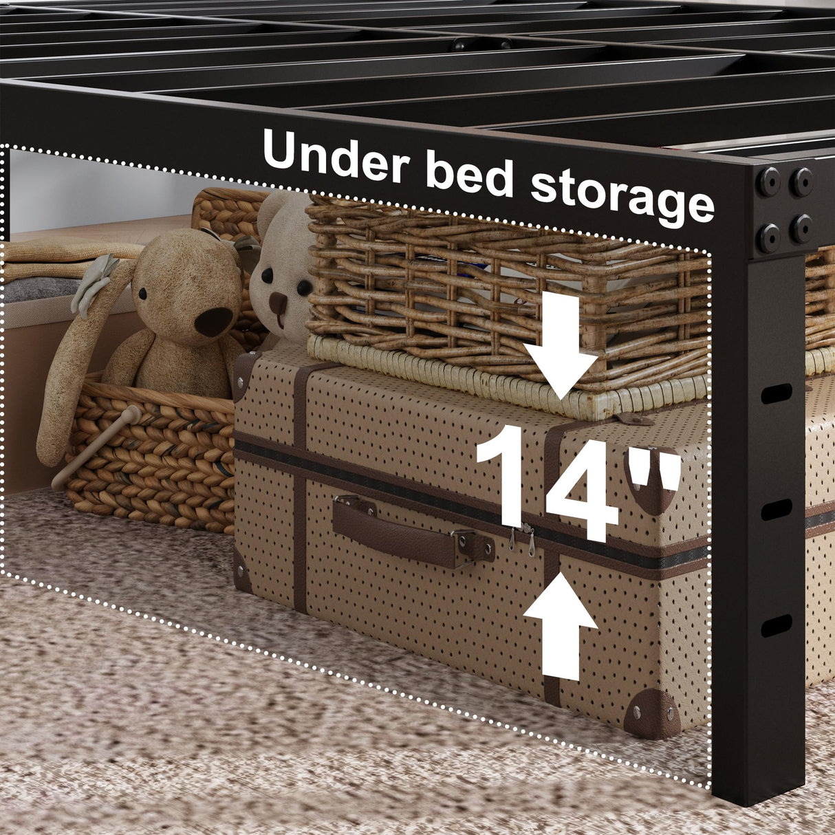 Upcanso 16 Inch King Size Bed Frame with White Skirt Cover, Metal King Bed Frame with Storage, No Box Spring Needed, Heavy Duty, Easy Assembly, Noise Free, Mattress Foundation Upcanso