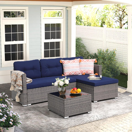 JOIVI Outdoor Patio Furniture Set, Small Sectional Conversation Set, All-Weather Wicker Furniture Sofa Set, L-Shaped Outdoor Patio Seating with Cushions, Tempered Glass Coffee Table, Navy Blue JOIVI
