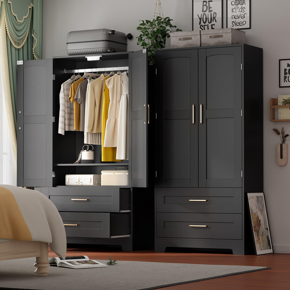 Wooden Armoire Wardrobe Closet with 2 Drawers, Bedroom Armoires with Door and Shelves, Freestanding Wardrobe Clothing Storage Cabinet with Hanging Rod for Bedroom, Laundry Room, Cloak Room（Black） Honsiva