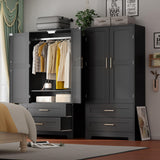 Wooden Armoire Wardrobe Closet with 2 Drawers, Bedroom Armoires with Door and Shelves, Freestanding Wardrobe Clothing Storage Cabinet with Hanging Rod for Bedroom, Laundry Room, Cloak Room（Black） Honsiva