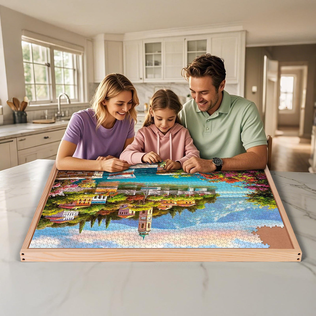 Old Canal Puzzle Board, 1000 Pieces Puzzles Table with Adjustable Tilt Stand, Wooden Jigsaw Puzzle Tables, Portable Puzzle Storage Boards with Non-Slip Felt Tabletop for Adults Old Canal