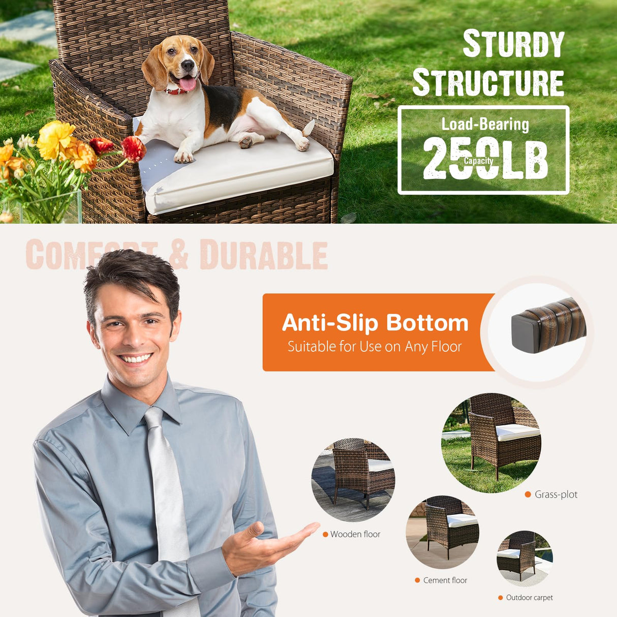 Sweetcrispy Patio Furniture Set 3 Pieces, Outdoor Furniture with Soft Cushion and Glass Table, All Weather Manual Weaving Wicker Rattan Patio Chairs for Garden, Terrace, Porch, Lawn (Brown and Beige) Sweetcrispy