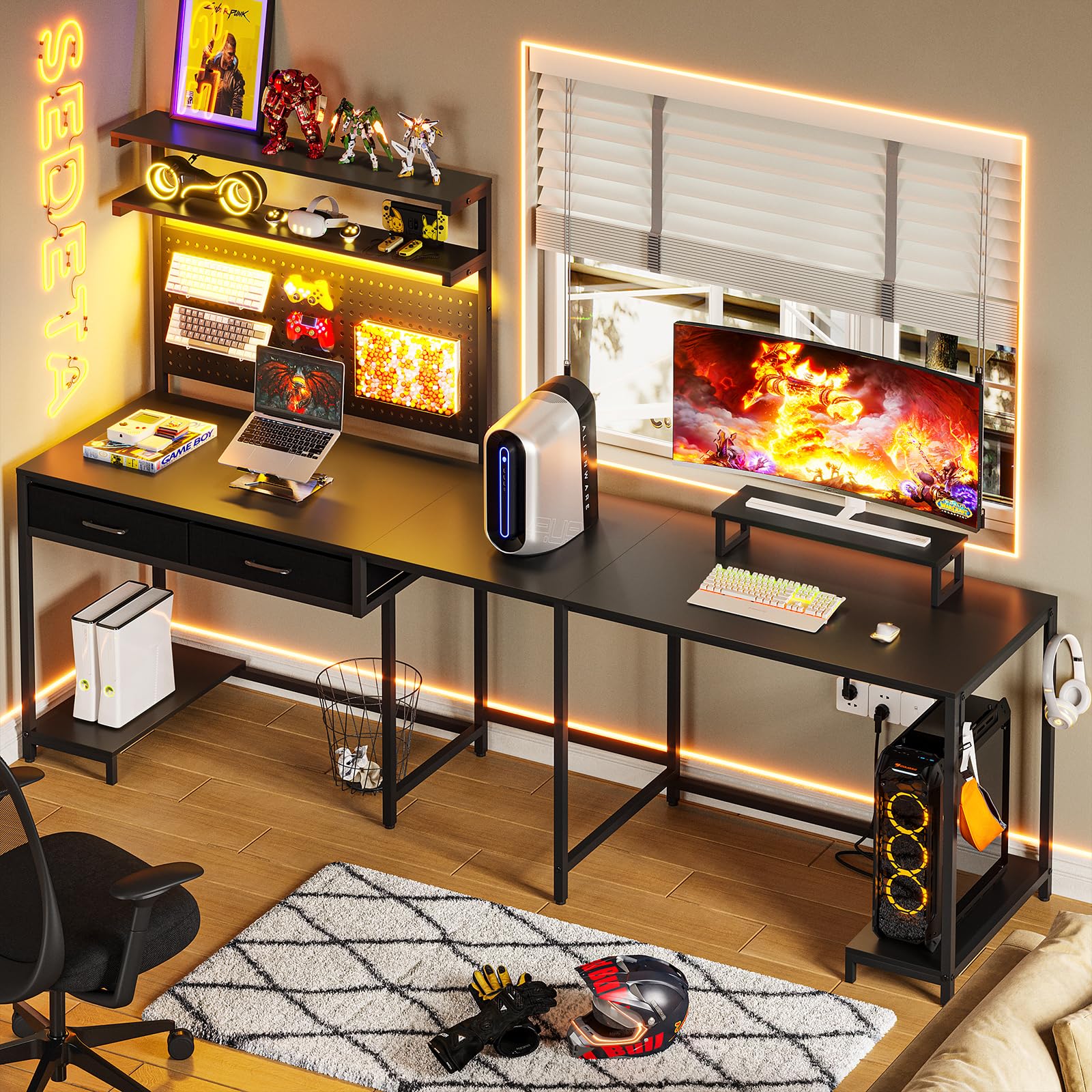 SEDETA L Shaped Gaming Desk with LED Lights, Pegboard and Drawers, Gaming Desk with Hutch, Computer Desk with Monitor Stand, Storage Shelves, Home Office Desk Corner Desk, Gaming Table, Black - WoodArtSupply