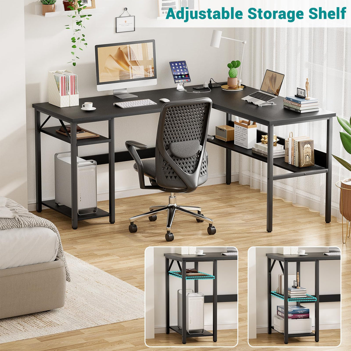 Hyomdeck Reversible L Shaped Computer Desk with Power Outlets and USB Charging Ports, Sturdy Corner Desk with Storage Shelf, Modern Work Gaming Table for Home Office, Easy to Assemble, Black Hyomdeck