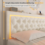 VOHOBY Queen Bed Frame with 4 Storage Drawers, Velvet Upholstered Bed Frame Queen Size with Charging Station and LED Lights, 46" Adjustable Button Tufted Headboard, No Box Spring Needed, Beige VOHOBY