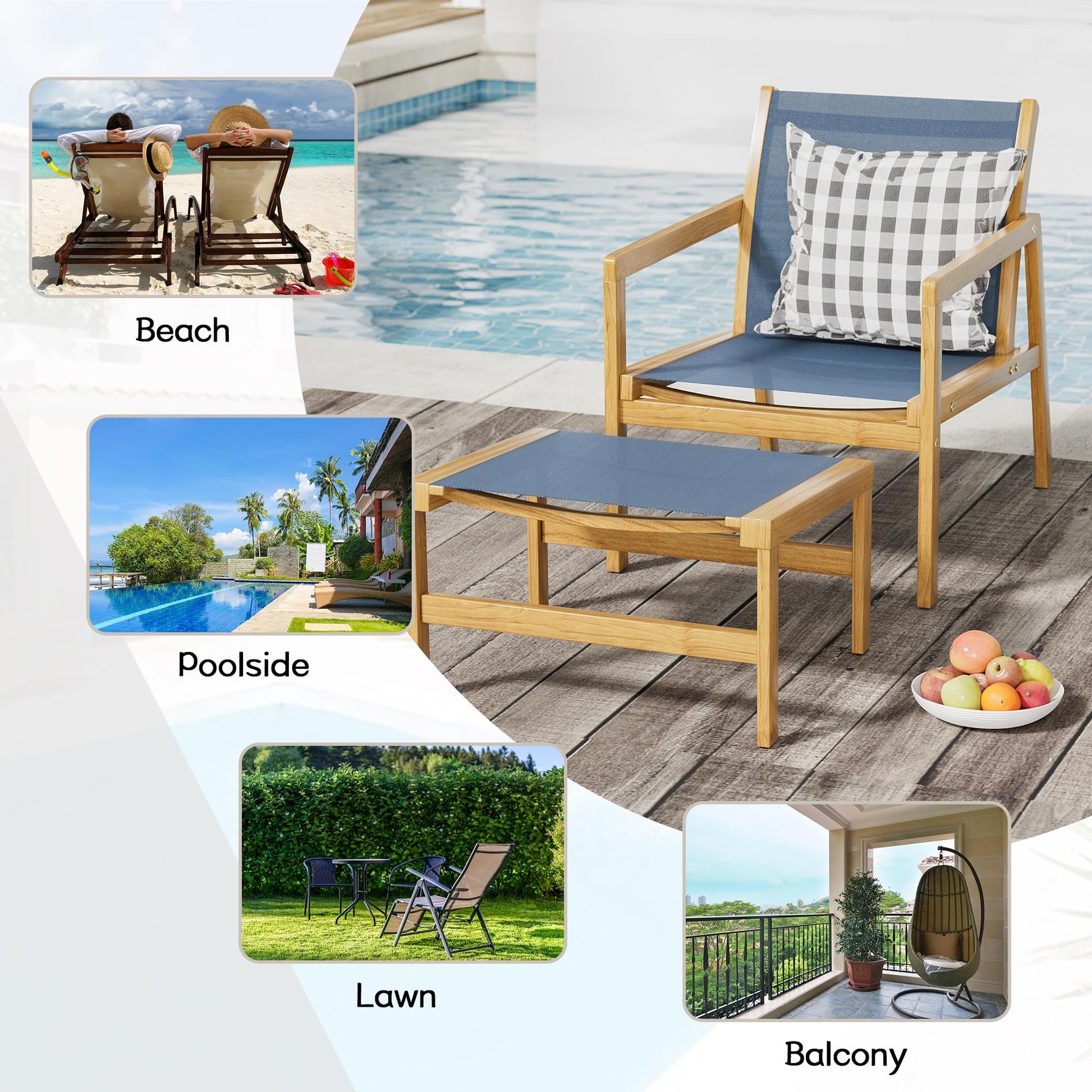 Devoko Patio Furniture Set 4 Piece Outdoor Conversation Set Acacia Wood and Textile Chairs with Footstool for Patio, Lawn, Garden, Poolside - WoodArtSupply