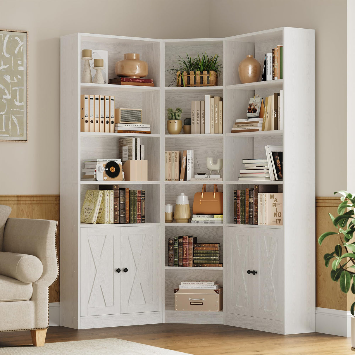 ANCTOR Large Corner Bookcase with 2 Storage Cabinets and 18 Shelves, 7 Tiers L Shaped Wood Bookshelf, 71" Tall Corner Hutch for Living Room, Bedroom, White ANCTOR