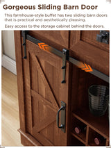 OKD 72" Farmhosue Bar Cabinet with Sliding Barn Door, Large Kitchen Buffet with Hutch w/Wine & Glasses Rack, 3 Drawers, 12 Storage Shelves, Rustic Coffee Bar Sideboard Table, Reclaimed Barnwood OKD