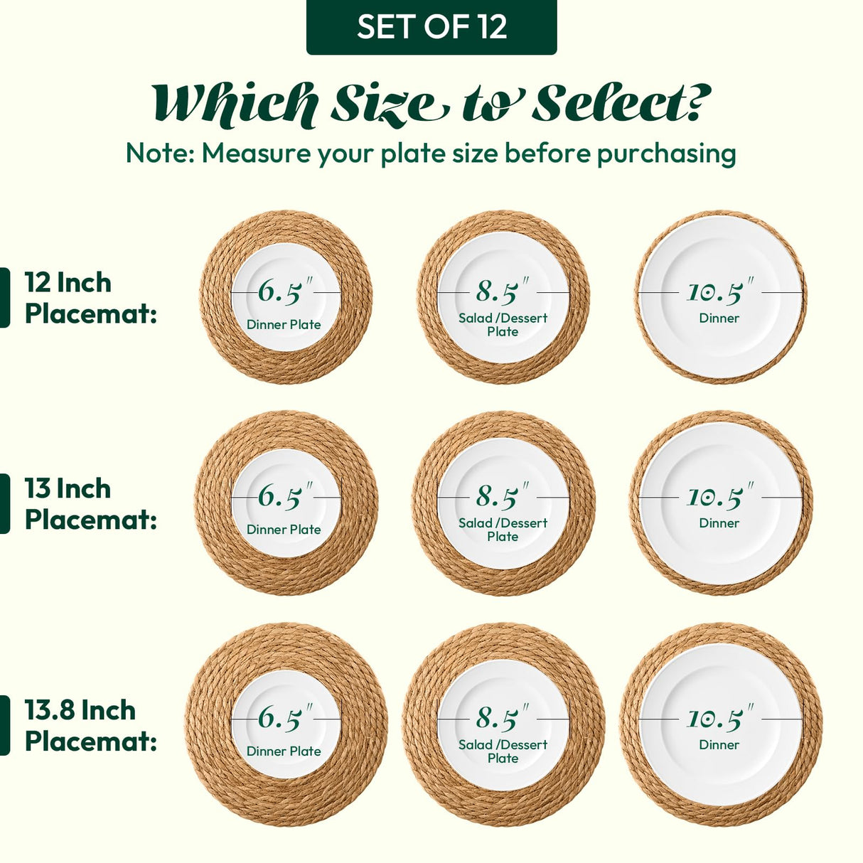 13 in Round Woven Placemats Plate Chargers Set of 12, Boho Farmhouse Rustic Woven Place Mats for Kitchen Dining Party Table Decor, Rattan Wicker Table Mats Jute Braided Chargers for Dinner Plates XOHUYD