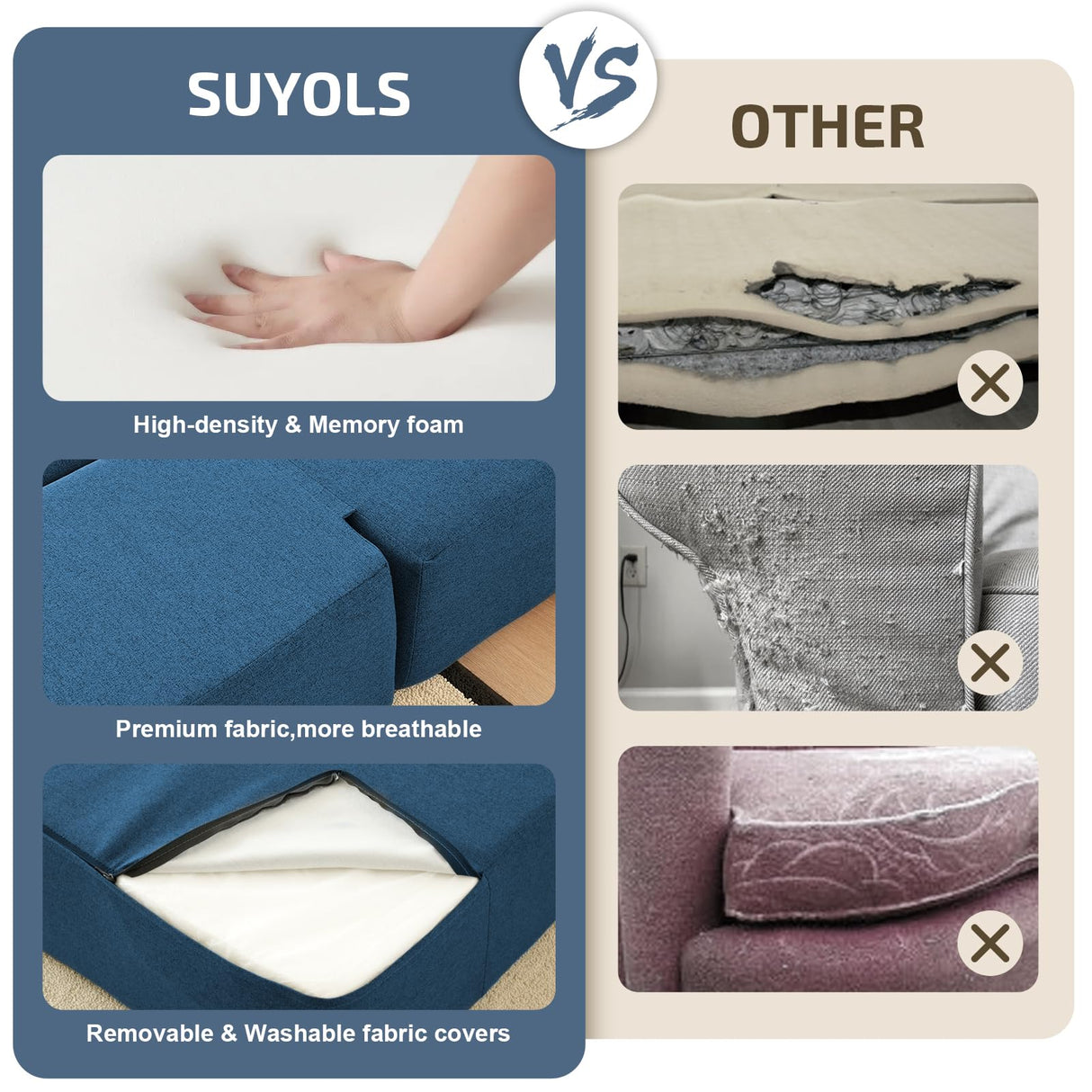 SUYOLS 2-in-1 Convertible Couch Bed with 2 Pillows - Folding Floor Couch & Sleeping Mattress - Washable Cover & Memory Foam Sleeper for Living Room/Guest Room/Home Office/Van Trip, Twin, Navy Blue SUYOLS