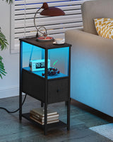 TUTOTAK Small Narrow LED End Table with Charging Station, Side Table Outlets, Nightstand with Cloth Drawer, Set of 2, Couch Table, for Living Room, Bedroom, Bedside, Black TB01BK059 TUTOTAK