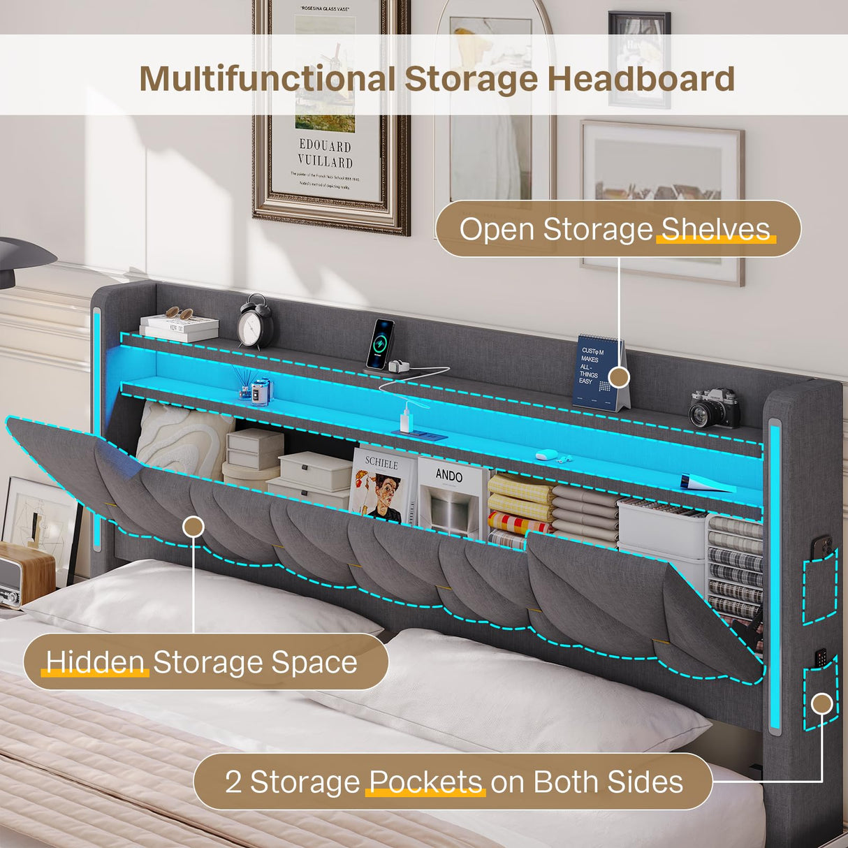 King Size Bed Frame with Storage, Platform Bed Frame King Size with LED Lights, King Bed Frame with Upholstered Headboard & Charging Station, No Box Spring Needed, Noise-Free, Easy Assembly, Gray Tagafi