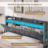 King Size Bed Frame with Storage, Platform Bed Frame King Size with LED Lights, King Bed Frame with Upholstered Headboard & Charging Station, No Box Spring Needed, Noise-Free, Easy Assembly, Gray Tagafi