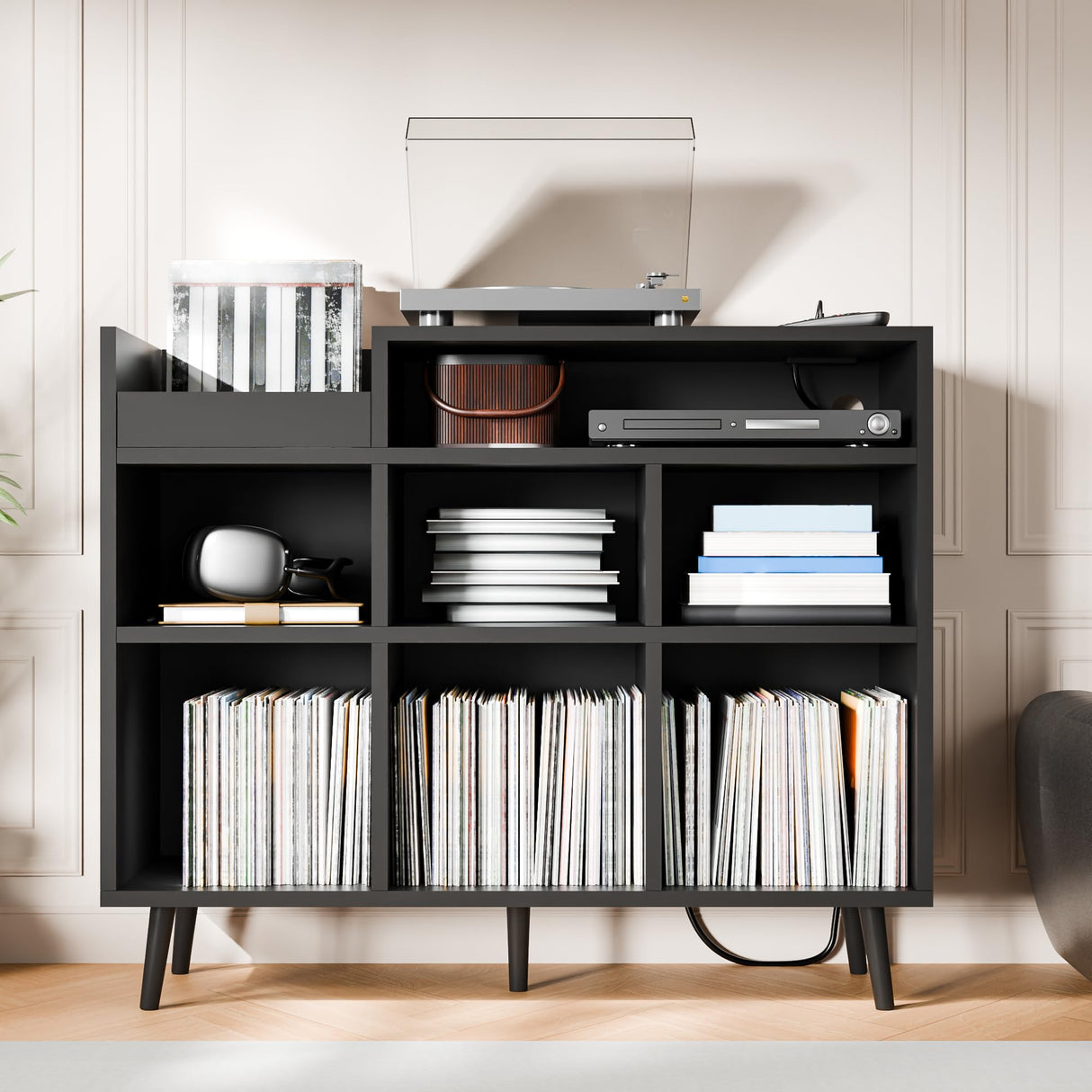 Cozy Castle Record Player Stand, Turntable Shelf with Vinyl Storage up to 500 Albums, Vinyl Record Player Shelf with Power Outlet Sideboard Buffet Cabinet with Storage Accent Cabinet, Black Cozy Castle