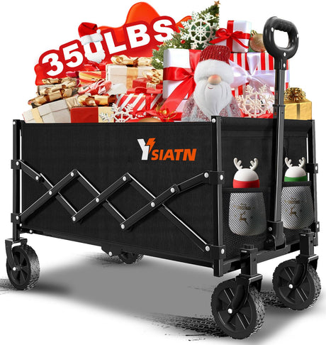 Collapsible Wagon Cart Foldable with 350lbs Weight Capacity, Lightweight Utility Shopping Cart with Wheels, Folding Grocery Wagon Cart Portable for Beach Garden Sports and Camping, Black YSIATN