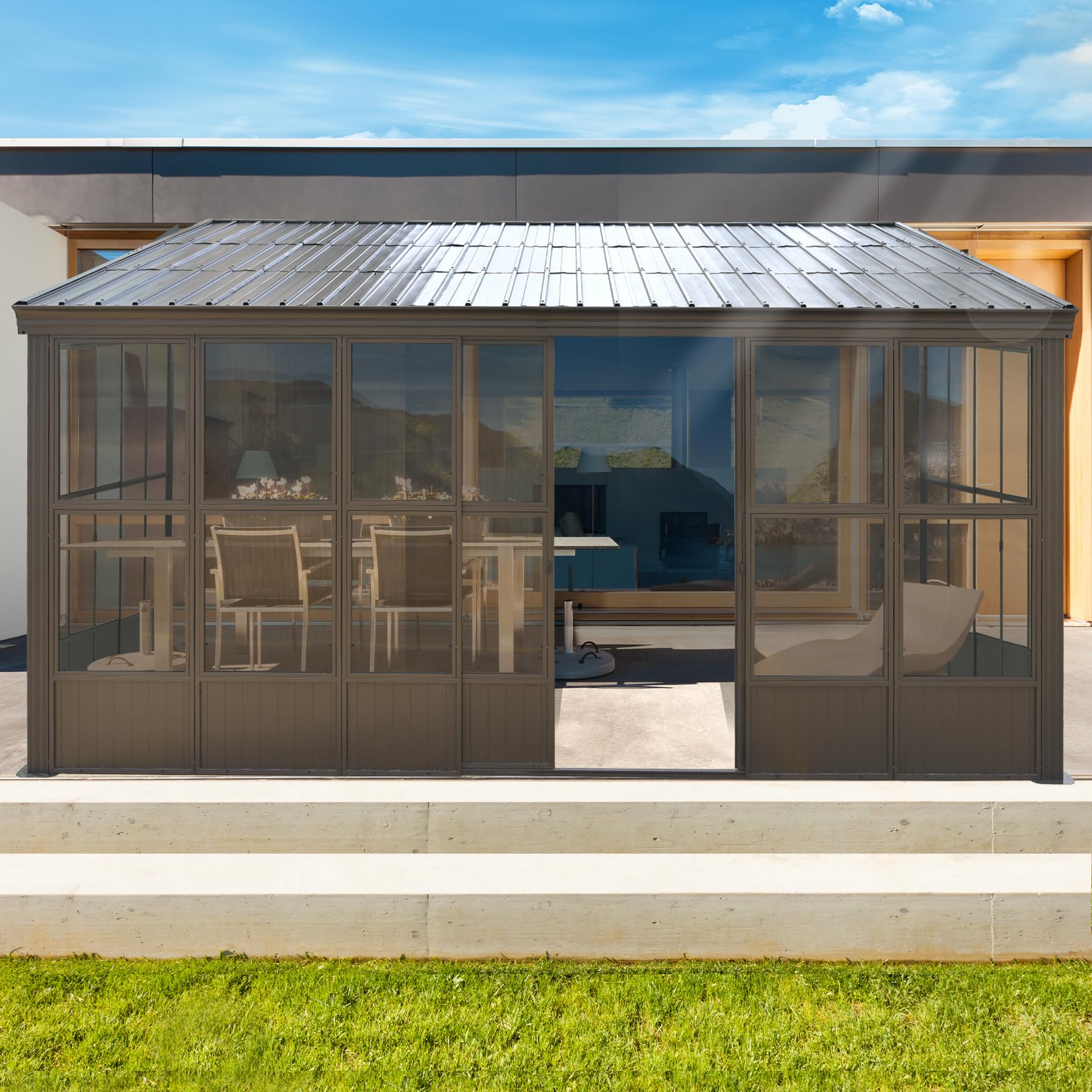 Domi 12x16FT Sunroom,Wall Mounted Gazebo Solarium with Front Door, Side Entrance, Galvanized Steel Sloping Roof, Moveable PC Screen, Outdoor Permanent Sun Room Lean to Gazebo for Deck Patio - WoodArtSupply