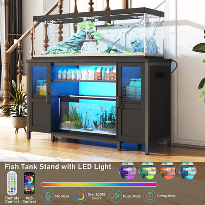 Hlivelood 55-75 Gallon Fish Tank Stand with Power Outlet&LED Light, Heavy Duty Metal Aquarium Stand for 2 Fish Tank Accessories Storage, Suit for Turtle Tank, Reptile Terrarium, 880lbs Capaci - WoodArtSupply