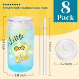 Joyclub 8 Pack Sublimation Cups 16 OZ Frosted Glass Cans Blanks with Clear Lids Mason Jars for Iced Coffee Beer Juice and Soda Drinks Joyclub